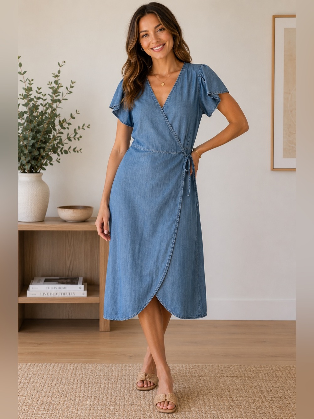 GAP Chambray Light Blue Faux-Denim Wrap Midi Dress Size S Cottagecore Casual